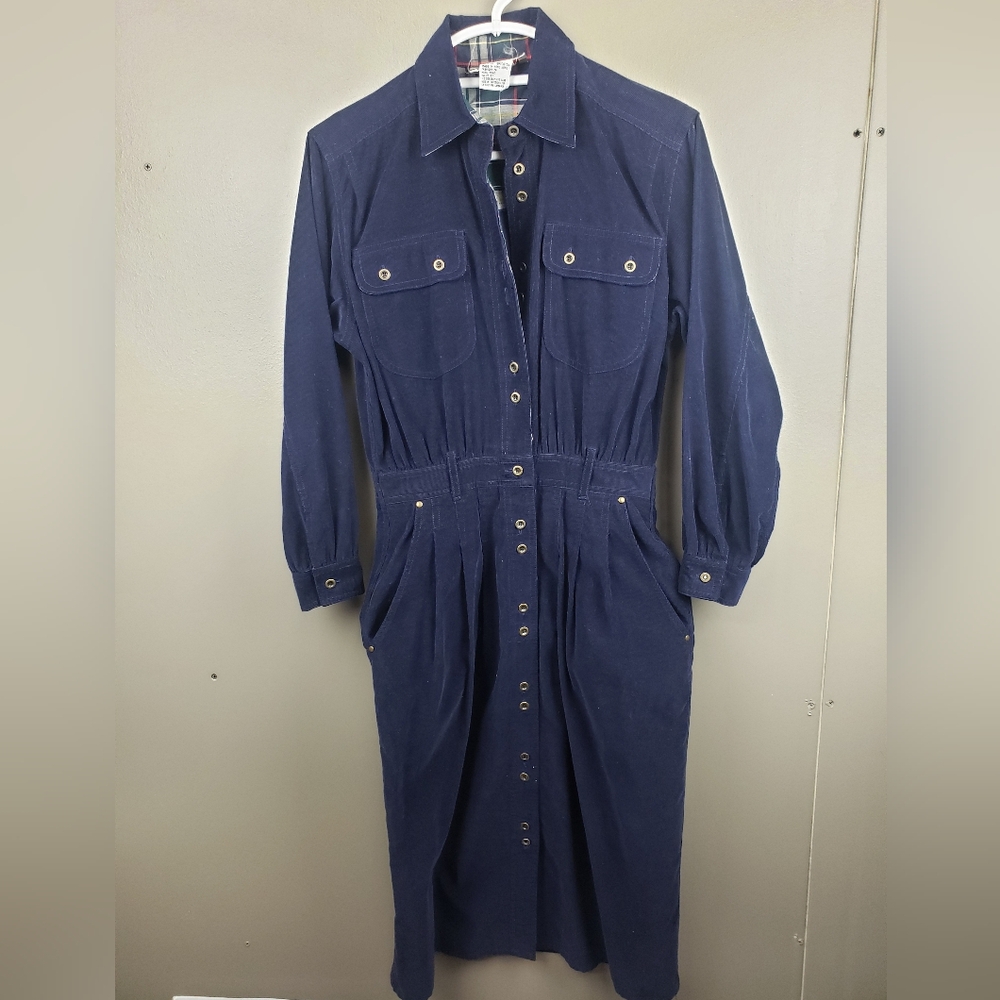 Vintage Talbots Petites Womens Blue Corduroy Dress Size 6P Front Button No Belt